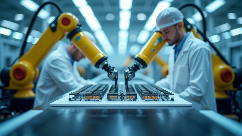 Fabrik mit Robotern und automatisierter Fertigung für Batteriekomponenten und Leistungselektronik in modernem Produktionswerk