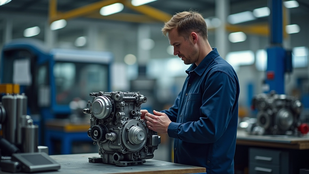 Vergleich traditioneller Verbrennungsmotor neben kompaktem Elektroantrieb und Batteriepack in Werkstatt mit Techniker zur Veranschaulichung der Komplexitätsreduktion