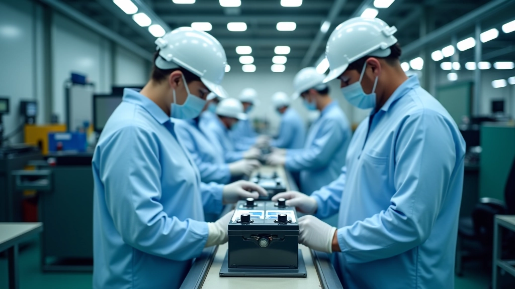 Elektrofahrzeug-Batteriepack während der Montage in modernem Produktionswerk mit hochautomatisierter Fertigungslinie