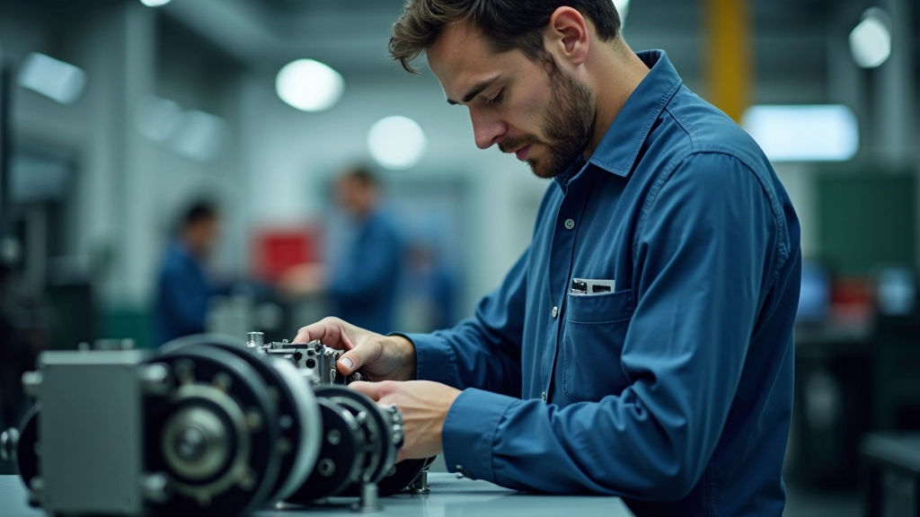 Fabrikarbeiter bei der Montage von Elektromotorenkomponenten, moderne Werkstatt mit Werkzeugen und Maschinen
