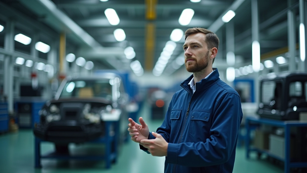 Arbeitnehmer in einer modernen Automobilmanufaktur mit fortgeschrittener Technologie und Schulungseinrichtungen