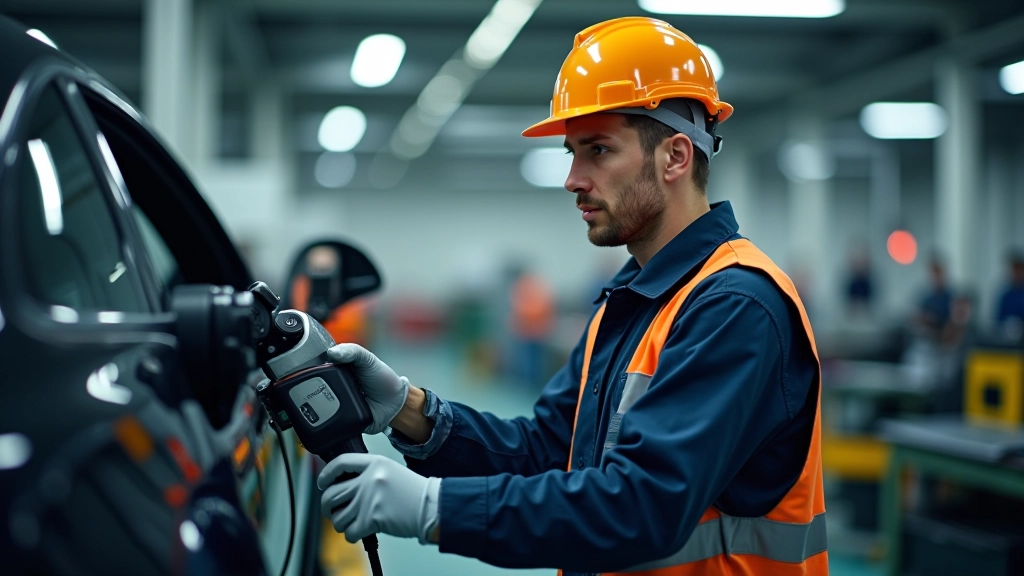 Fabrikarbeiter bei Schulung an modernen Elektrofahrzeug-Komponenten und Batterie-Fertigungstechnologien in Trainingszentrum