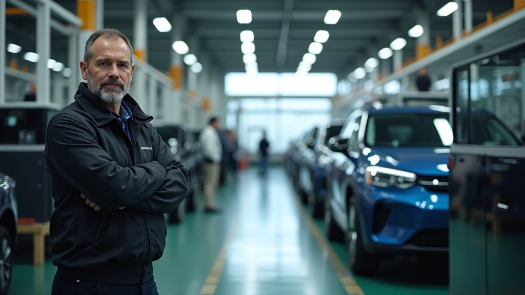 Übergangsraum zwischen klassischer Motorenproduktion und moderner Elektrofahrzeugfertigung mit beiden Technologien