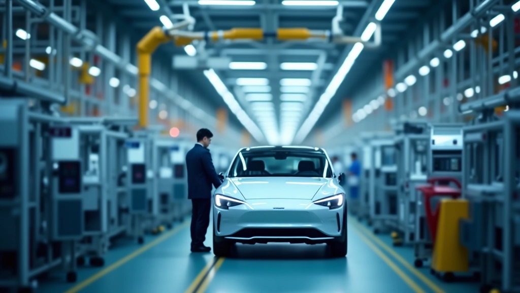 Chinesische Fabrik mit Elektrofahrzeug-Produktion in Gang, moderne Fertigungslinie mit Robotern und Fahrzeugen in verschiedenen Produktionsstadien