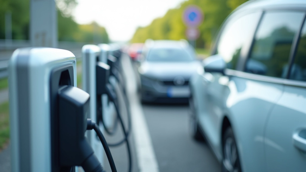 Elektrolade-Infrastruktur mit Schnellladestation an einer Autobahn, moderne Technologie und Grünflächen im Hintergrund