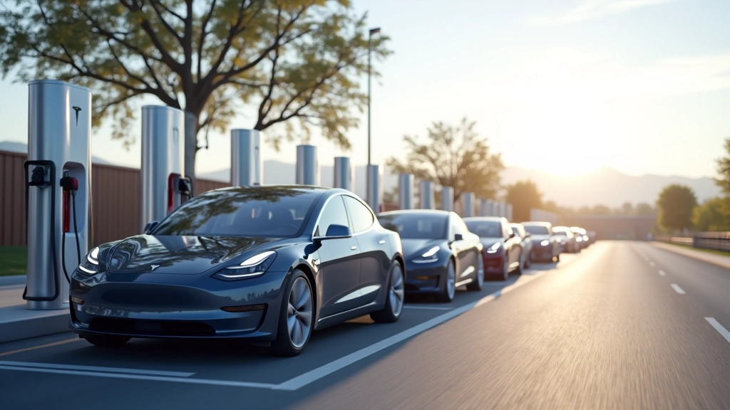 Tesla Supercharger-Netzwerk in den USA, mehrere Elektrofahrzeuge an Schnellladestationen, moderne Ladeinfrastruktur