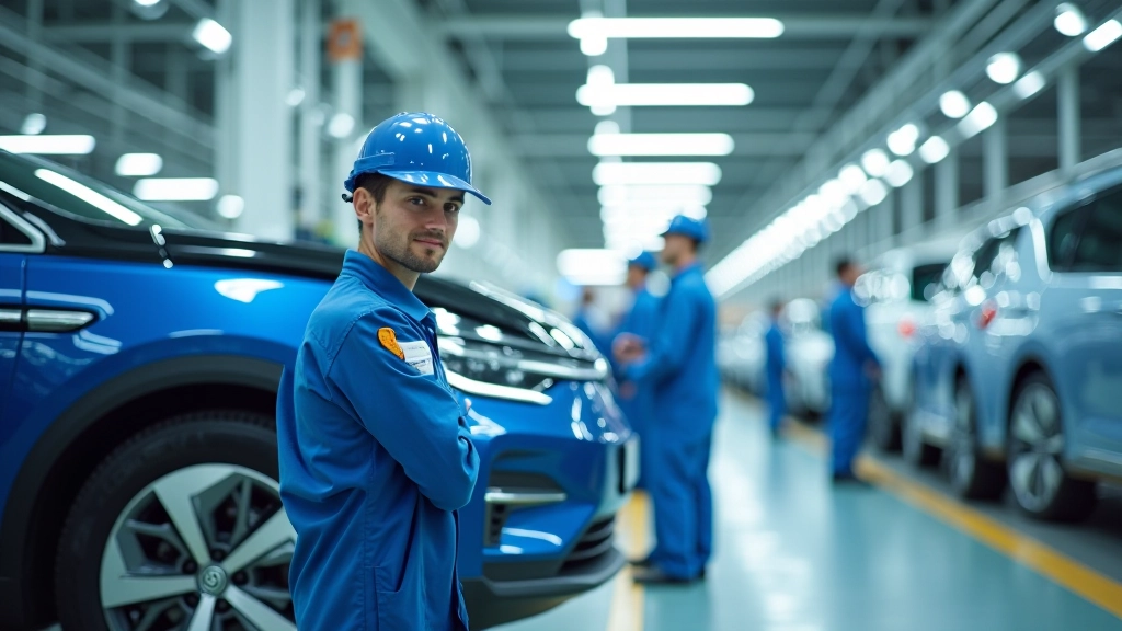 Volkswagen-Werk mit ID-Modellen in Produktion, moderne deutsche Autofabrik mit Qualitätskontrolle und Montage